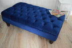 Chesterfield Deep Buttoned Footstool in Royal Blue Velvet With Mahogany Turned Hard Wood Legs