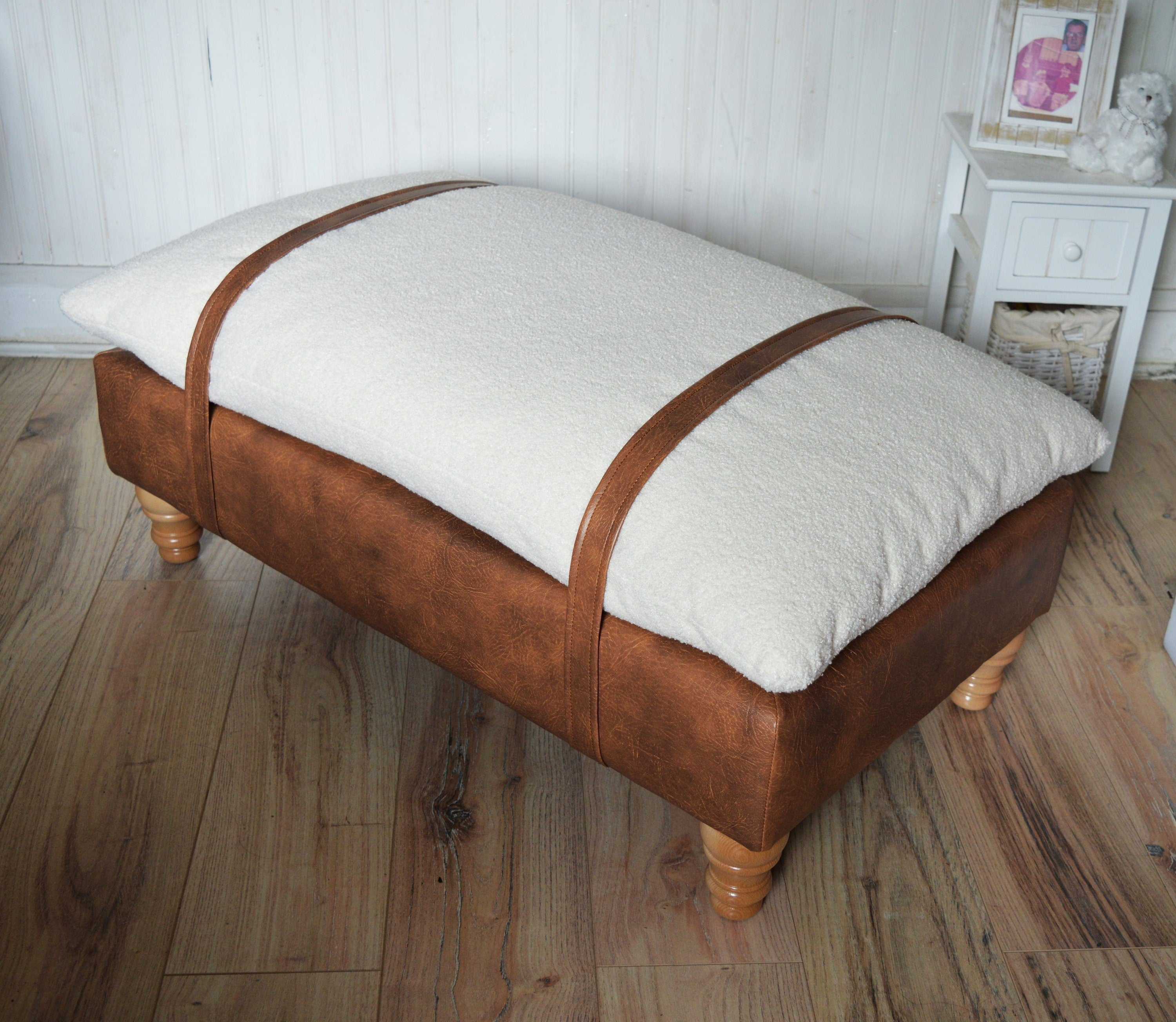 Mayfair Footstool  in Ivory Boucle Fabric And Premium Tan Faux Leather With Natural Oak Legs