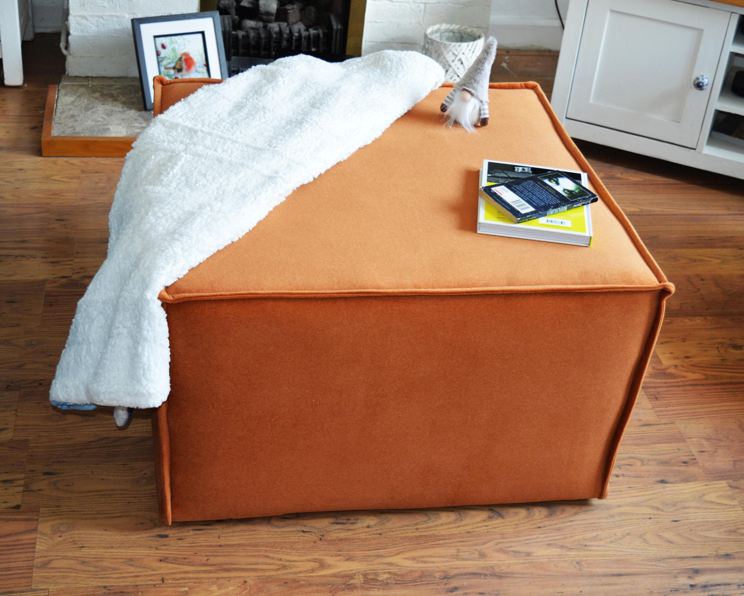 Extra Large Cube Design Footstool With Hemmed Trim in Burnt Orange Velvet Fabric