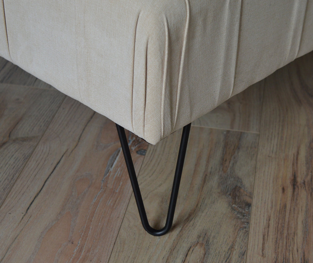 Square Chesterfield Deep Buttoned Footstool in Casino Beige Fabric With Hairpin Legs