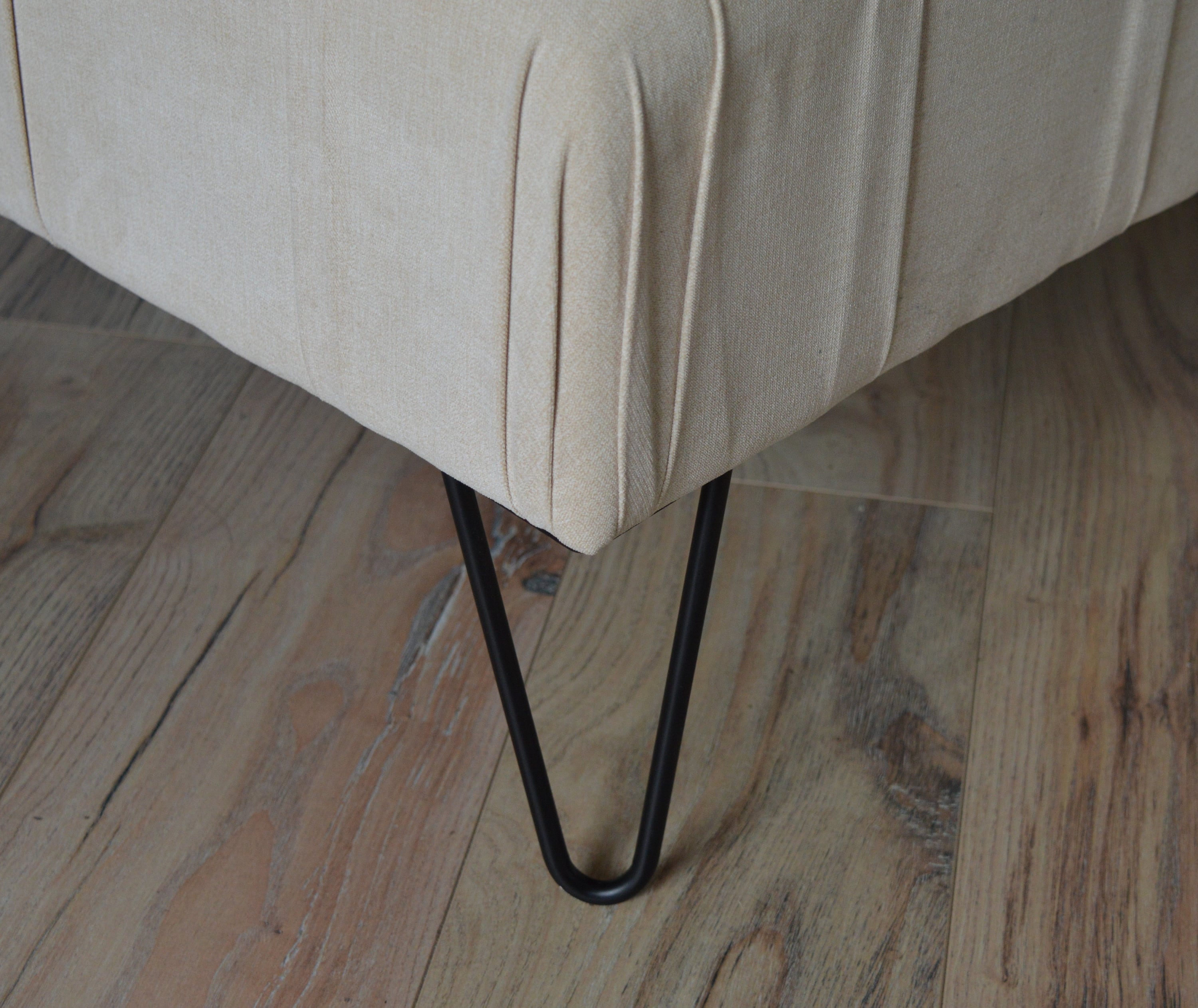 Square Chesterfield Deep Buttoned Footstool in Casino Beige Fabric With Hairpin Legs