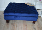 Chesterfield Deep Buttoned Footstool in Navy Blue Velvet With Mahogany Turned Hard Wood Legs
