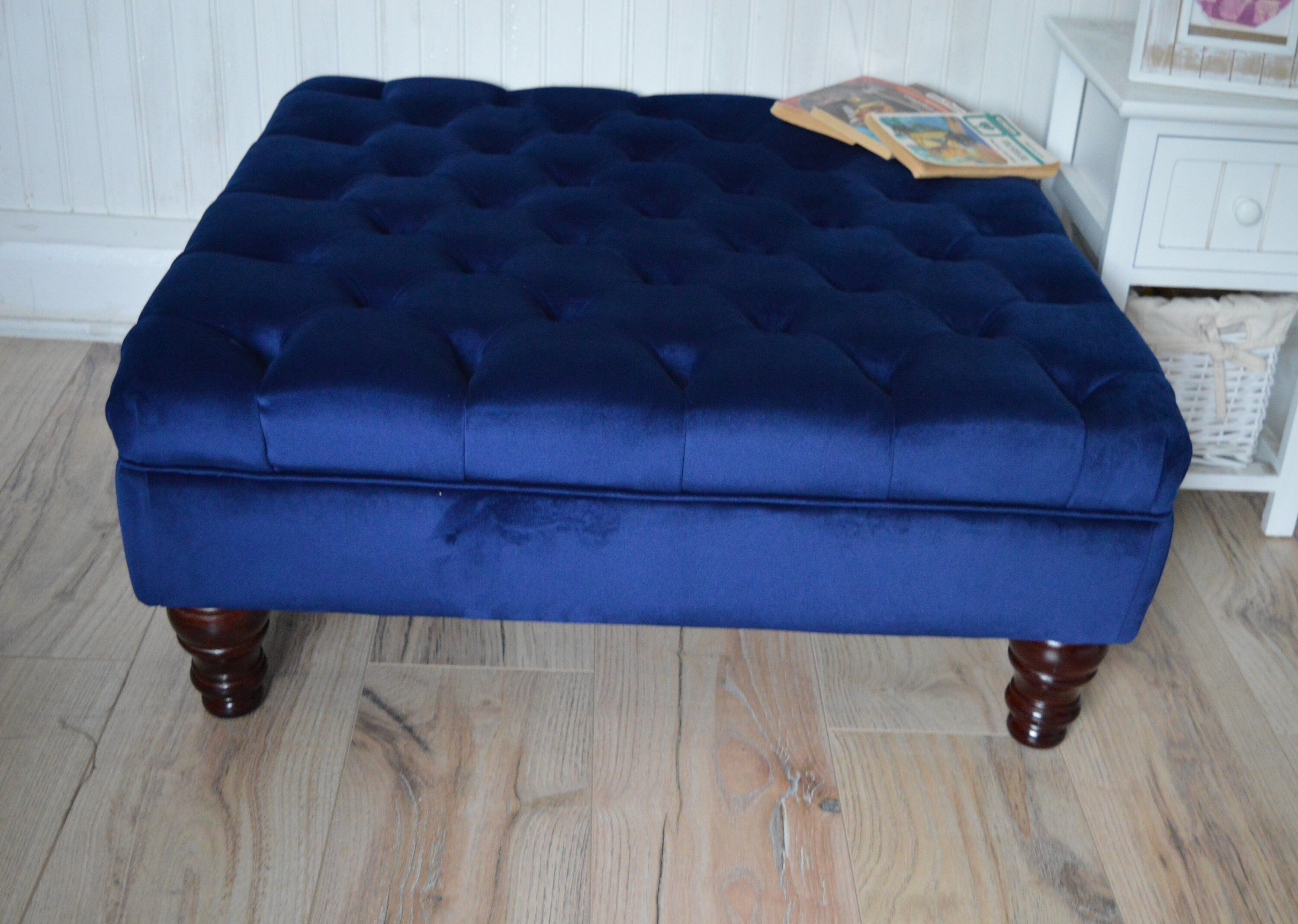 Chesterfield Deep Buttoned Footstool in Navy Blue Velvet With Mahogany Turned Hard Wood Legs