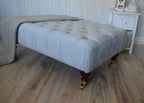 Handmade Matt Velvet Silver Chesterfield Footstool – Ottoman/Coffee Table/Footrest – Turned Mahogany Wood Castor Legs