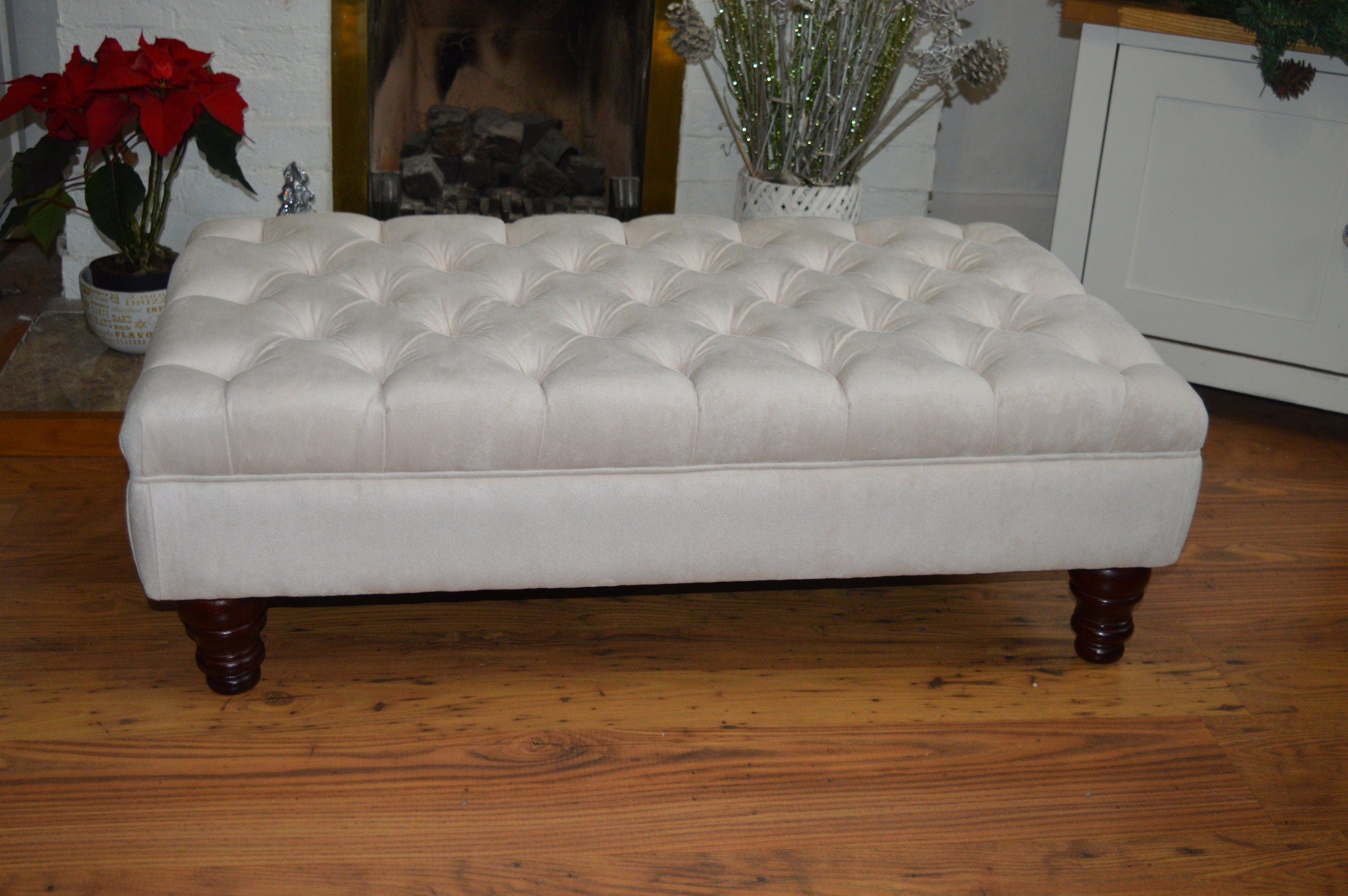 Chesterfield Deep Buttoned Footstool in Casino Crush Cream With Turned Wood Legs