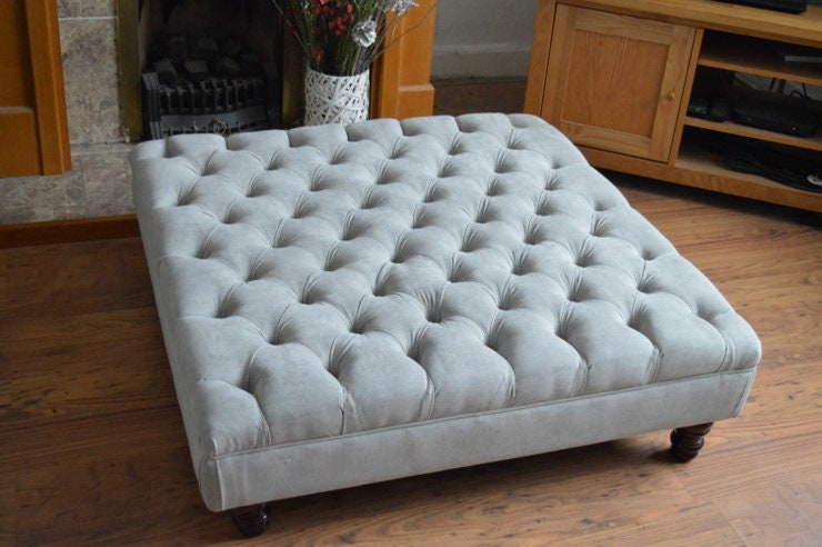 100cm x 100cm Extra Large Square Design Deep Buttoned Chesterfield Footstool  in Casino Silver Fabric
