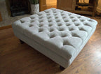 Square  Style Deep Buttoned Footstool in Casino Crush Silver Fabric With Turned Hard Wood Legs