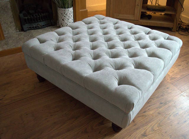 Square  Style Deep Buttoned Footstool in Casino Crush Silver Fabric With Turned Hard Wood Legs
