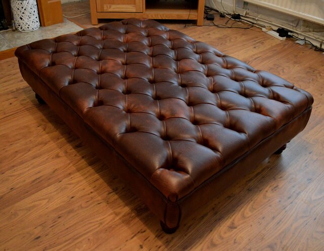 Chesterfield Extra Large Deep Buttoned Footstool in Premium Chestnut Faux Leather With Mahogany Turned Hardwood Legs