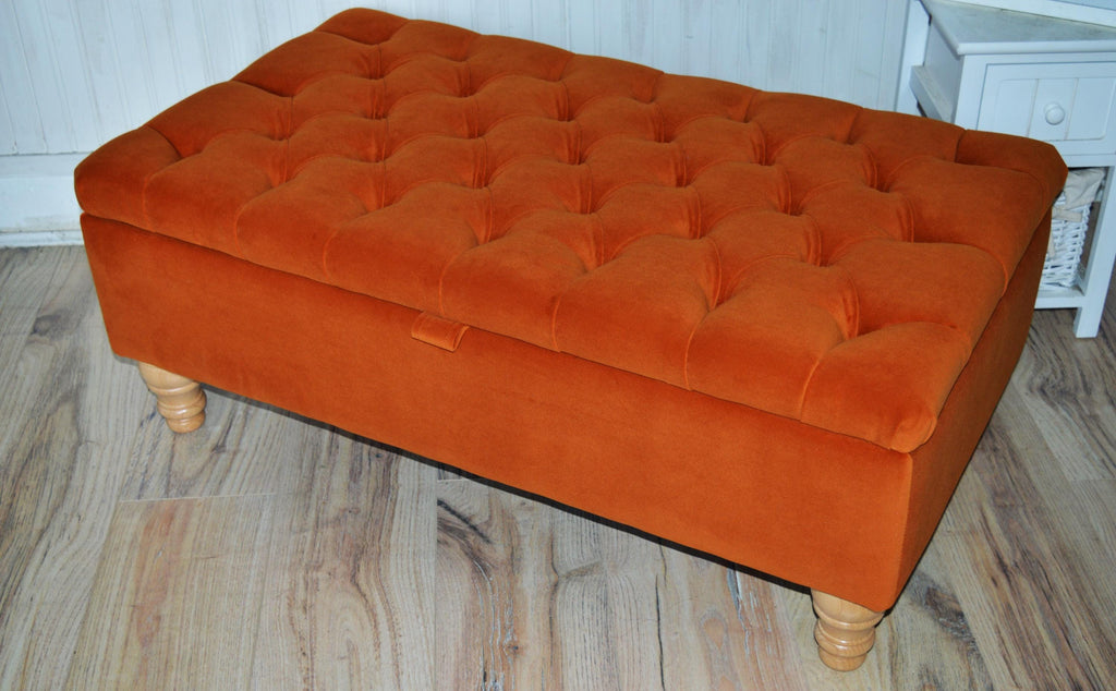 Chesterfield Deep Buttoned Footstool With Storage in Premium Eco Burnt Velvet Fabric With Oak Legs.