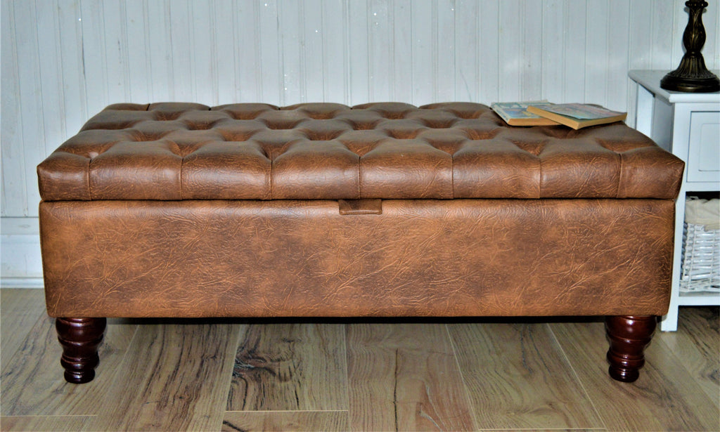 Handmade Premium Faux Leather Tan Chesterfield Footstool – Ottoman/Coffee Table/Footrest with Storage - Easy Clean