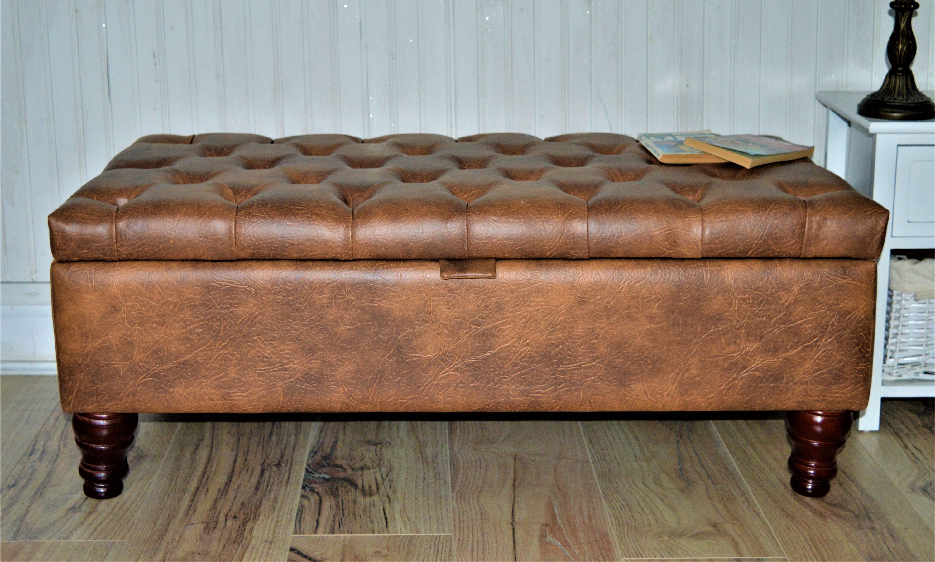 Handmade Premium Faux Leather Tan Chesterfield Footstool – Ottoman/Coffee Table/Footrest with Storage - Easy Clean