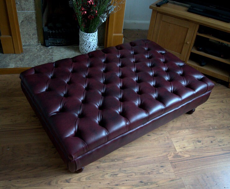 Chesterfield Extra Large Deep Buttoned Footstool in Premium Wine Faux Leather With Turned Hardwood Legs