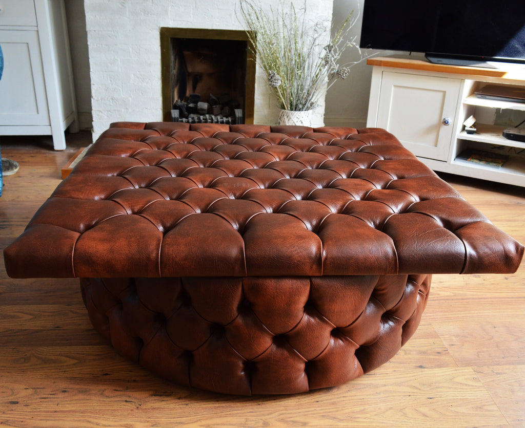 Extra Large  Square Chesterfield Style Footstool With Drum Button Base in Premium Chestnut Faux Leather