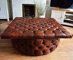 Extra Large  Square Chesterfield Style Footstool With Drum Button Base in Premium Chestnut Faux Leather
