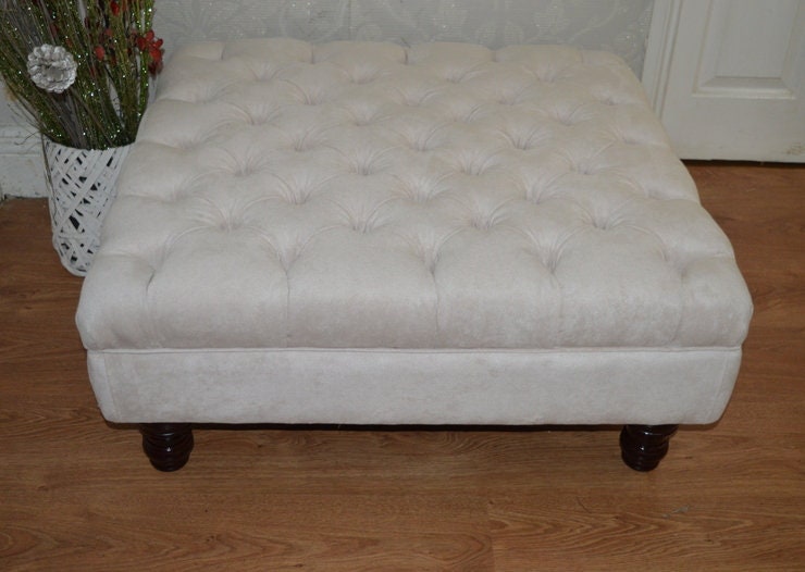 Hand Made Square Design Chesterfield  Deep Buttoned Footstool in Casino Crush Ivory  Colour  Fabric With Turned Hard Wood Legs