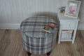 Circular round footstool upholstered in Balmoral Dove Grey Wool Effect Check Tartan Fabric With Turned Mahogany Hardwood  Legs