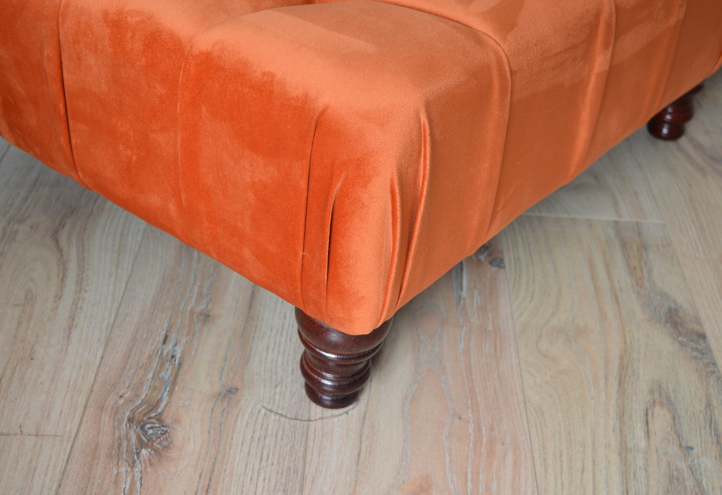 Square Chesterfield Deep Buttoned Footstool in Plush Orange Velvet With Mahogany Turned Hard Wood Legs