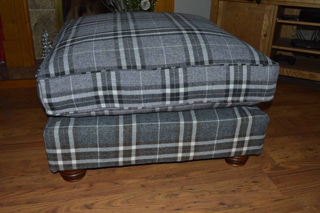 Fixed Soft Cushion Top Square Design Footstool in Gey Tarton Check  With Turned Hard Wood Feet