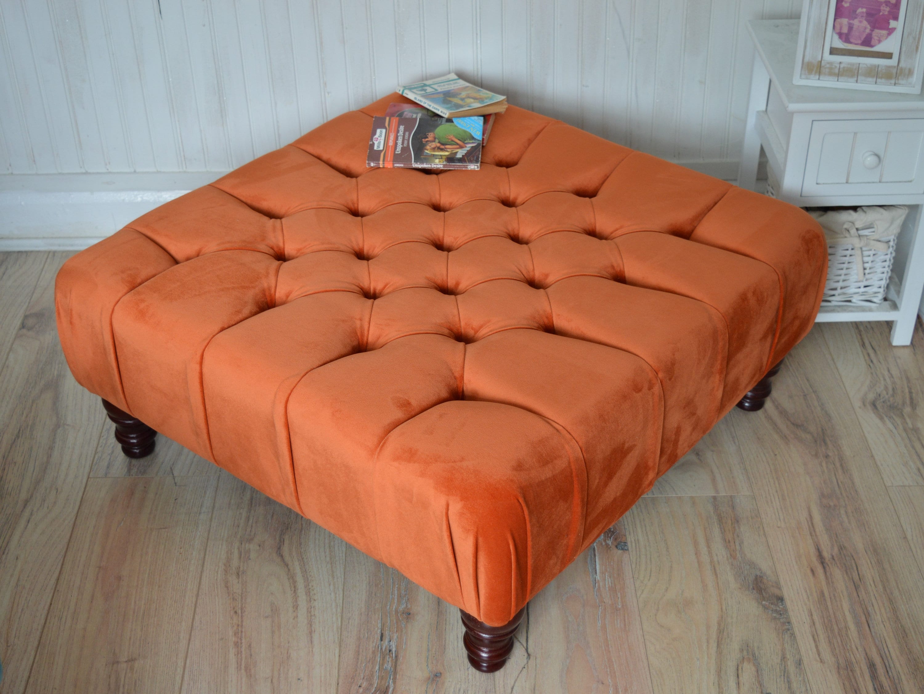 Square Chesterfield Deep Buttoned Footstool in Plush Orange Velvet With Mahogany Turned Hard Wood Legs