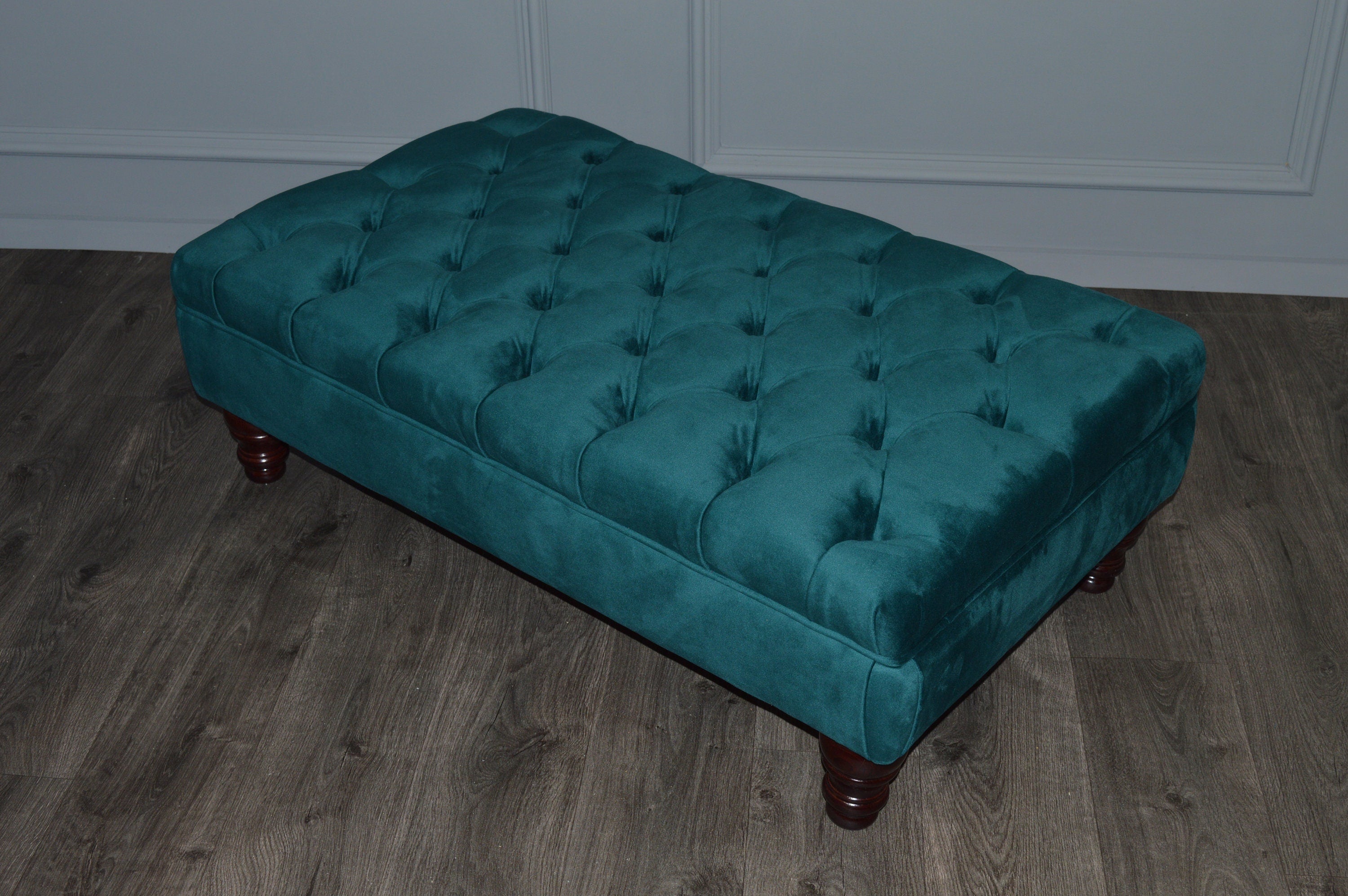 Chesterfield Deep Buttoned Footstool in Teal Velvet With Mahogany Turned Hard Wood Legs