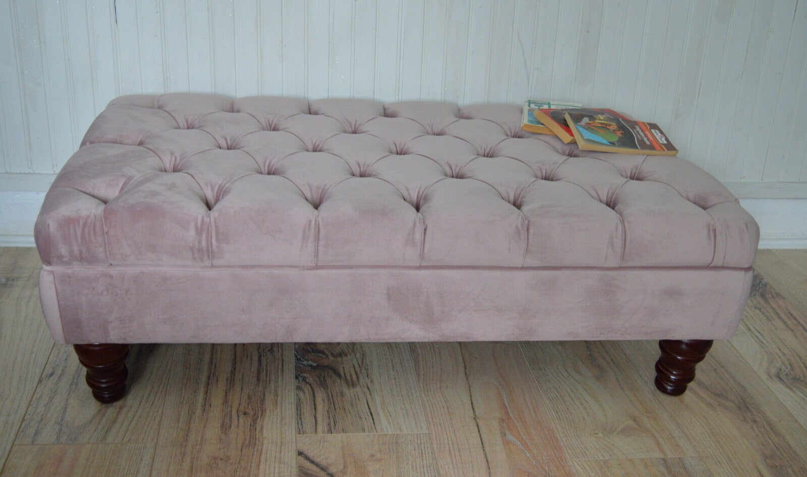 Chesterfield Deep Buttoned Footstool in Blush Pink Velvet With Mahogany Turned Hard Wood Legs