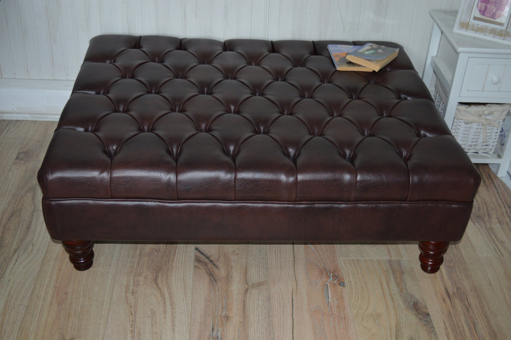 Chesterfield Extra Large Deep Buttoned Footstool in Premium Dark Brown Faux Leather With Turned Hardwood Legs
