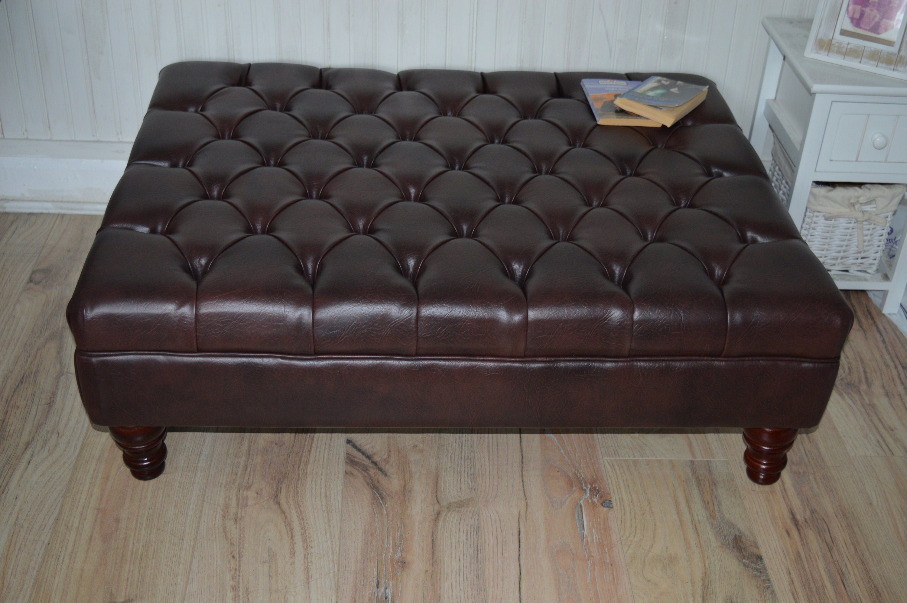 Chesterfield Extra Large Deep Buttoned Footstool in Premium Dark Brown Faux Leather With Turned Hardwood Legs