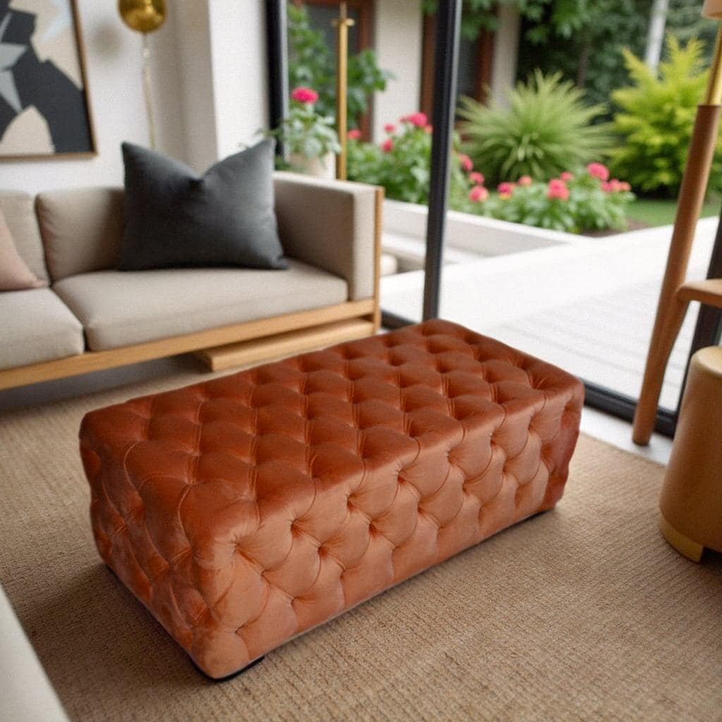 Chesterfield Style Deep Buttoned All Over Extra Large Footstool Upholstered In a Plush Burnt Orange Velvet