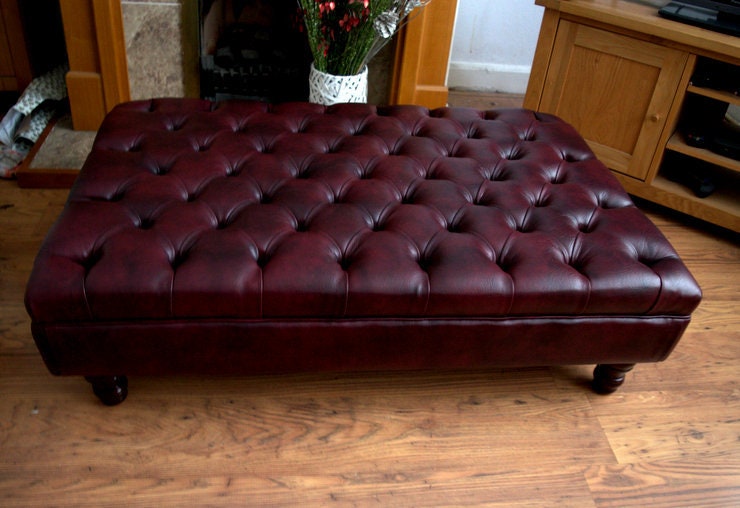 Chesterfield Extra Large Deep Buttoned Footstool in Premium Wine Faux Leather With Turned Hardwood Legs