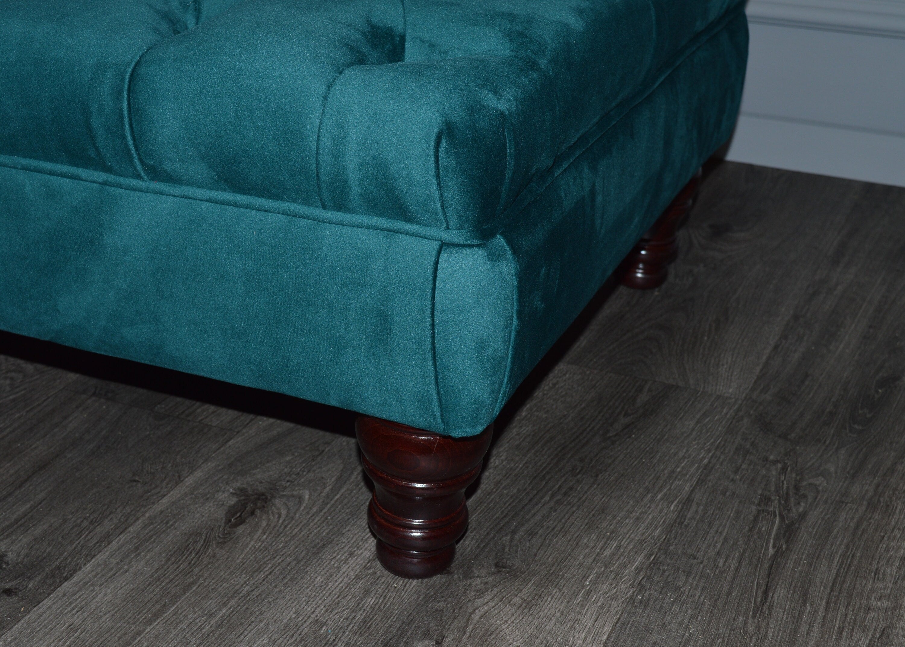 Chesterfield Deep Buttoned Footstool in Teal Velvet With Mahogany Turned Hard Wood Legs