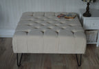 Square Chesterfield Deep Buttoned Footstool in Casino Beige Fabric With Hairpin Legs