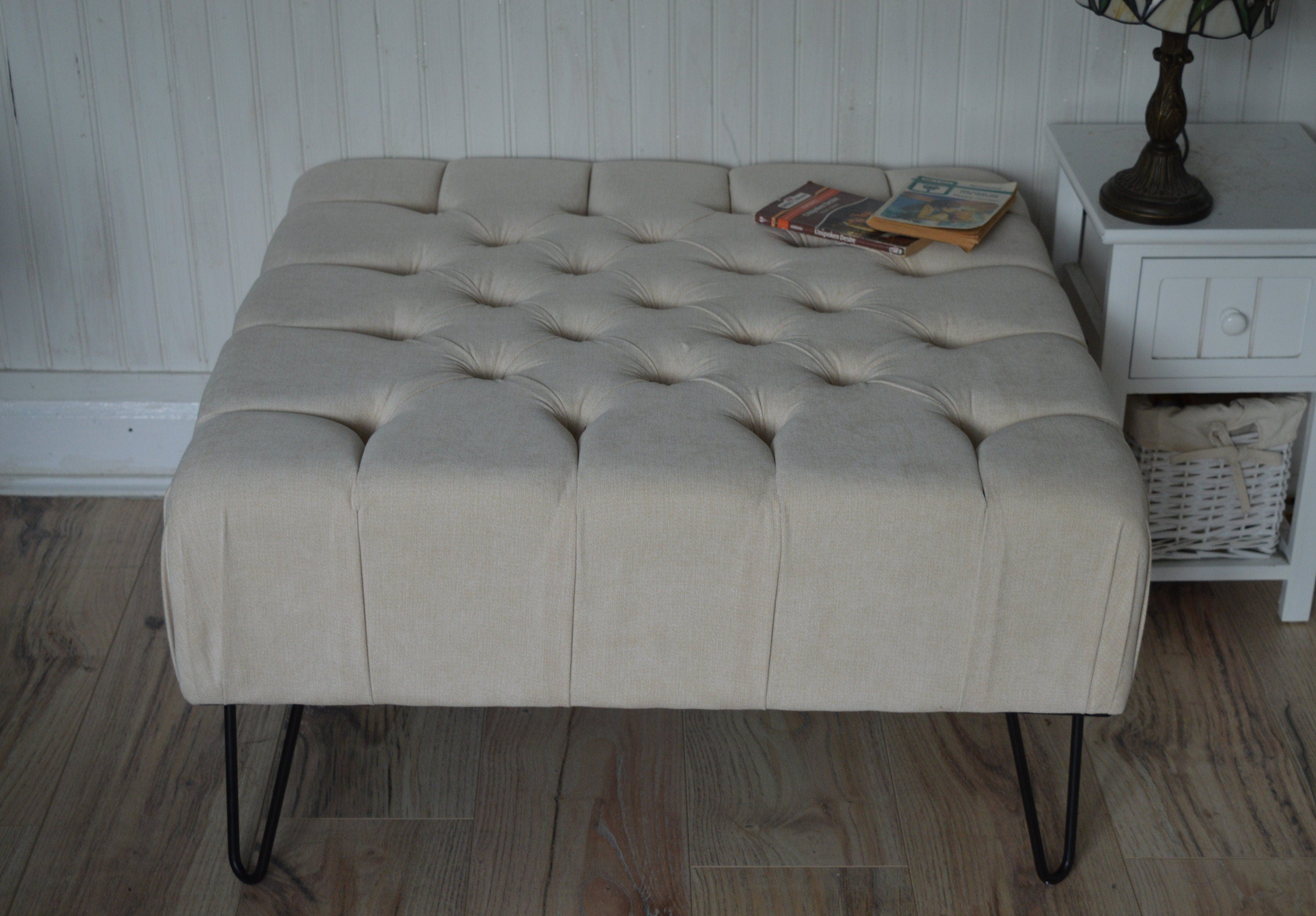Square Chesterfield Deep Buttoned Footstool in Casino Beige Fabric With Hairpin Legs