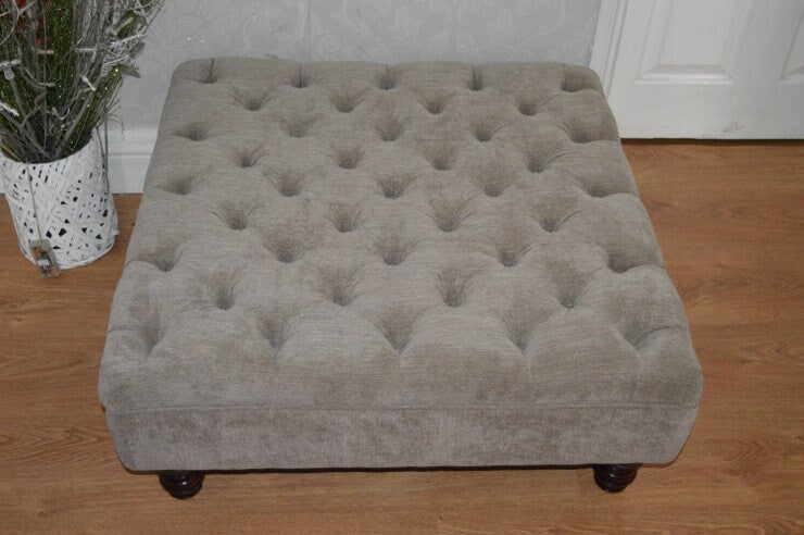Hand Made Square Design Chesterfield  Deep Buttoned Footstool in Casino Crush Taupe Colour  Fabric With Turned Hard Wood Legs