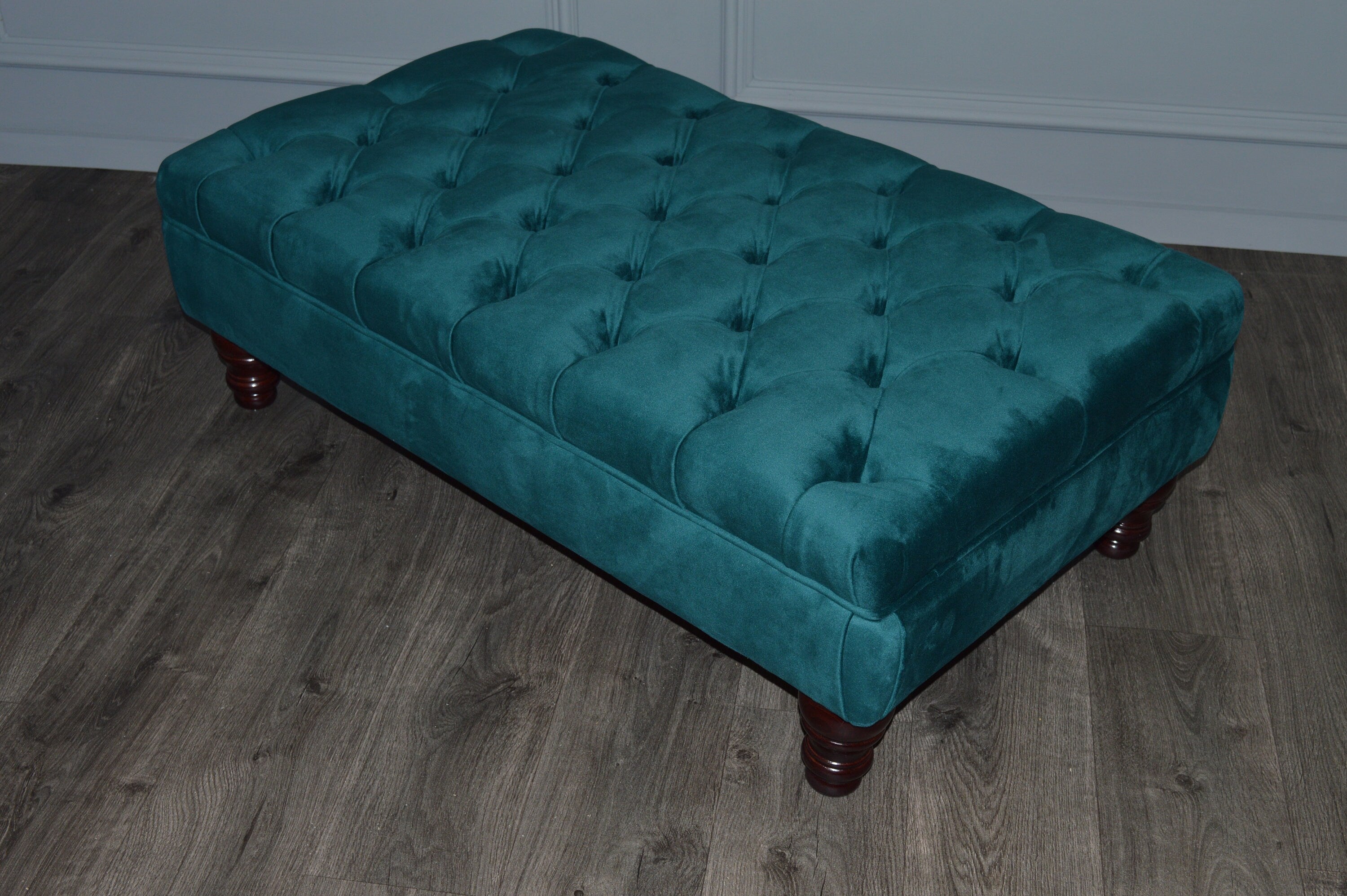 Chesterfield Deep Buttoned Footstool in Teal Velvet With Mahogany Turned Hard Wood Legs
