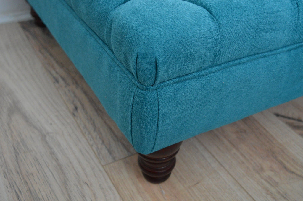 Chesterfield Extra Large Deep Buttoned Footstool in Rachael Teal With Turned Hardwood Legs