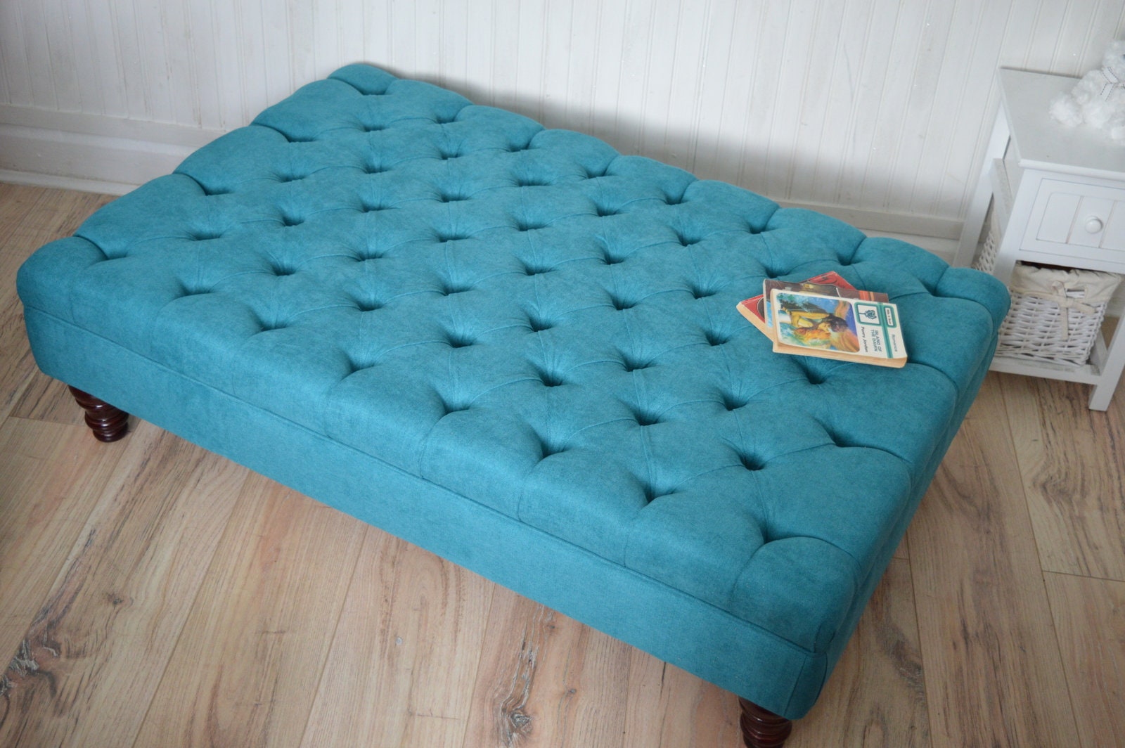 Chesterfield Extra Large Deep Buttoned Footstool in Rachael Teal With Turned Hardwood Legs