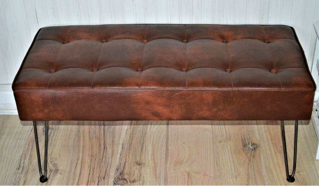 Bench Seating Style Buttoned Footstool Hall Table With Stitching Detail in Premium Faux Chestnut Leather With Hairpin Legs