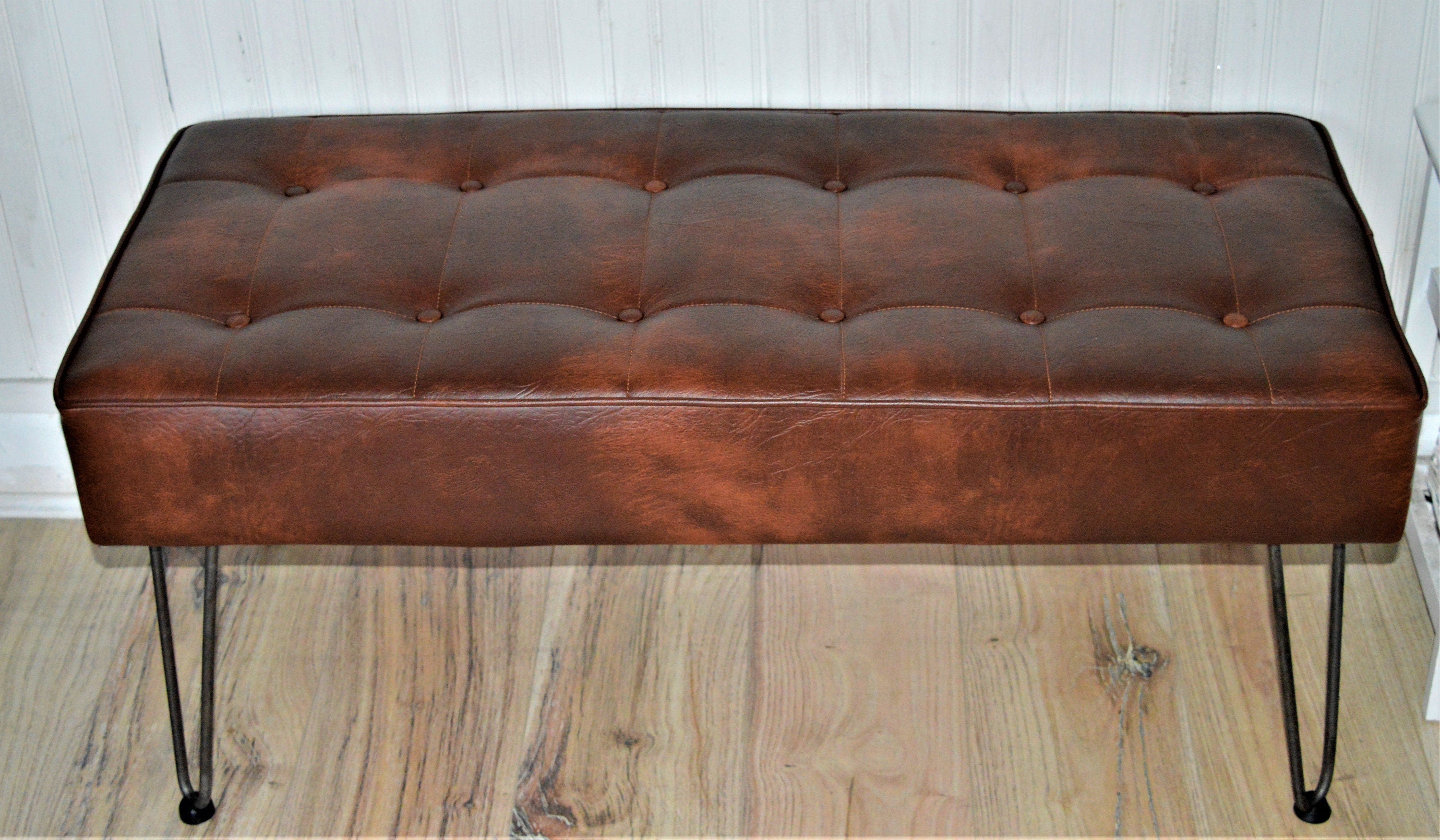 Bench Seating Style Buttoned Footstool Hall Table With Stitching Detail in Premium Faux Chestnut Leather With Hairpin Legs
