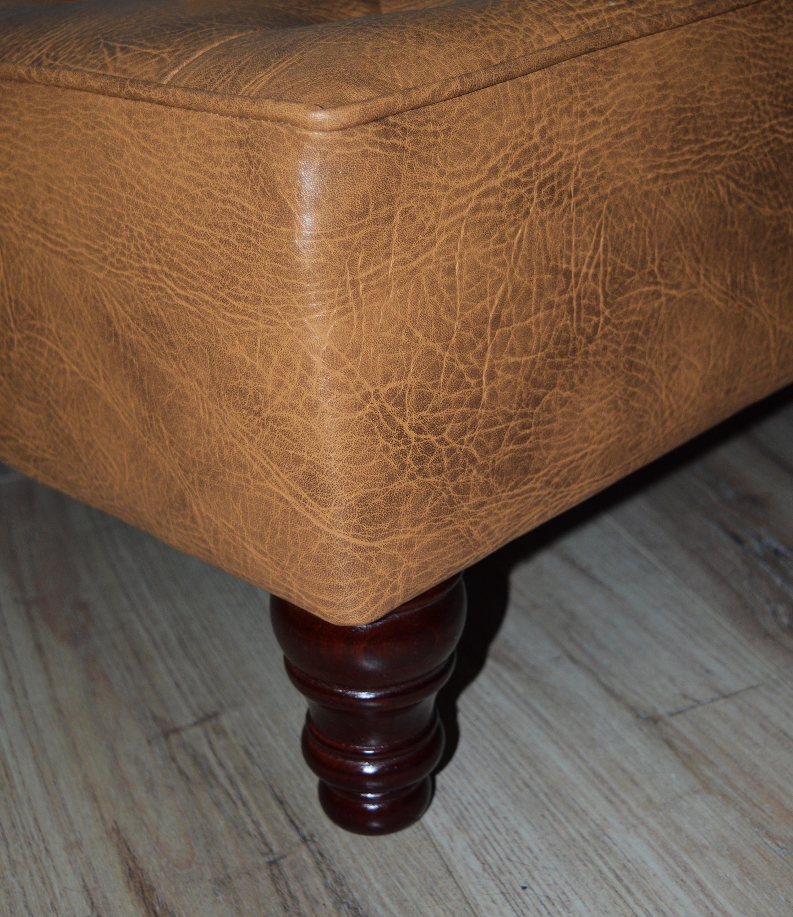 Chesterfield Extra Large Top Stitch Design Buttoned Footstool in Premium Tan Faux Leather With Mahogany Turned Hardwood Legs