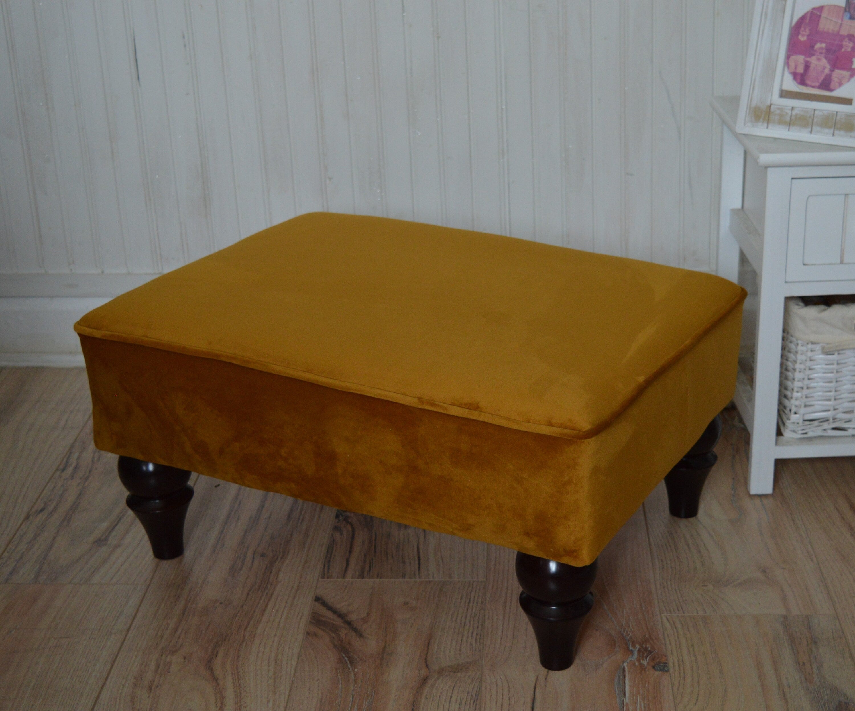Stylish Flat Top Footstool  With Piping Trim in Premium Turmeric Velvet Fabric With Turned Mahogany Hardwood  Legs