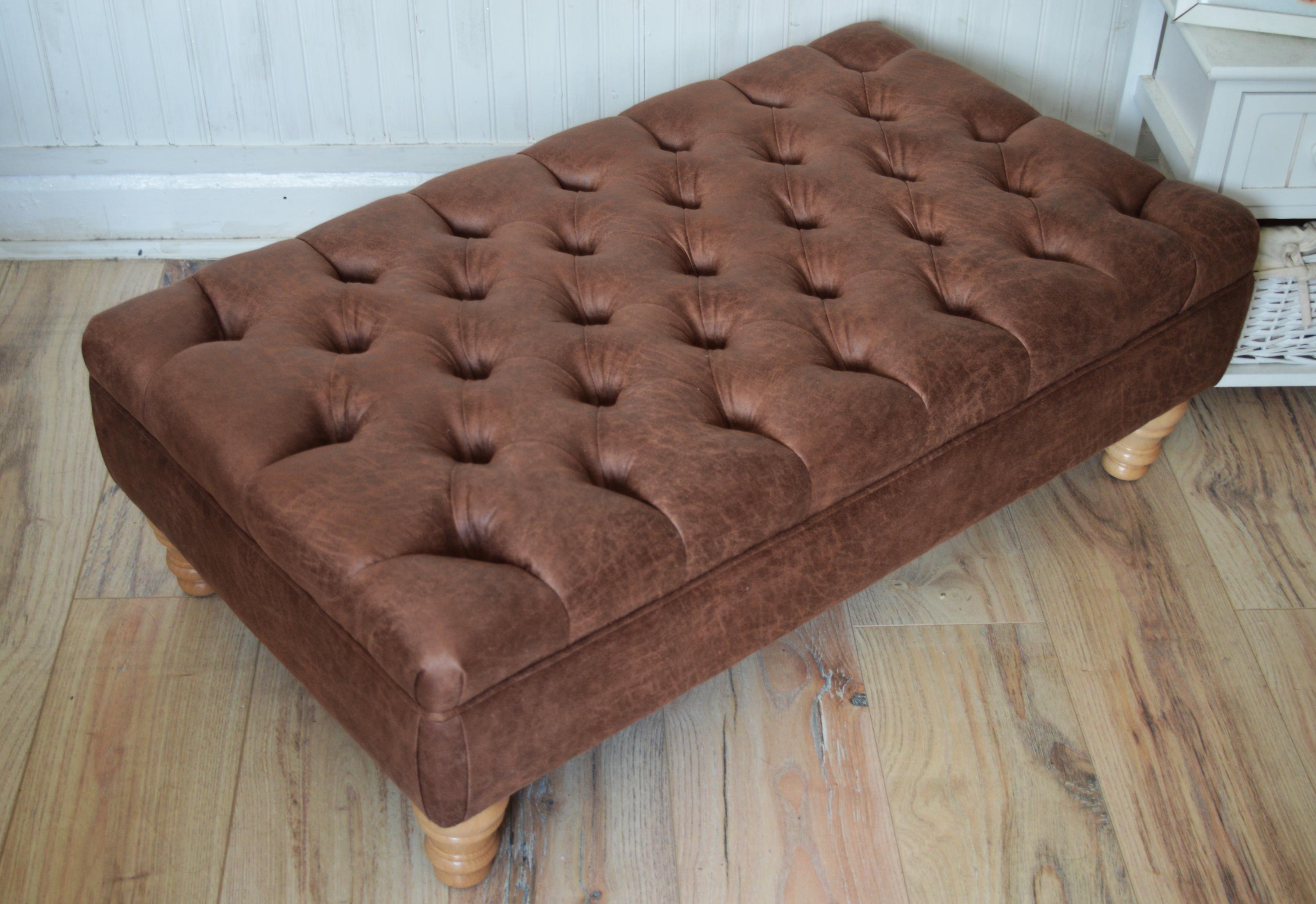 Handmade Antique Brown Faux Suede  Chesterfield Footstool – Ottoman – Coffee Table – Footrest – Oak Turned Hardwood Legs
