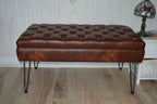 Bench Seating Style Chesterfield Buttoned Footstool  in Premium Faux Chestnut Leather With Hairpin Legs