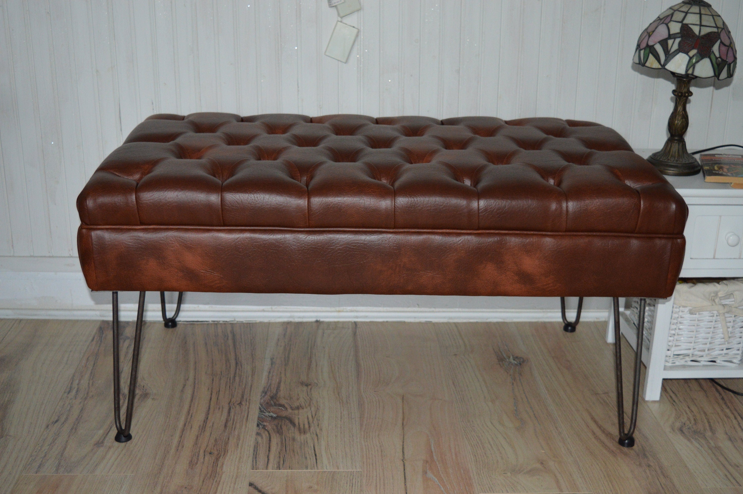Bench Seating Style Chesterfield Buttoned Footstool  in Premium Faux Chestnut Leather With Hairpin Legs
