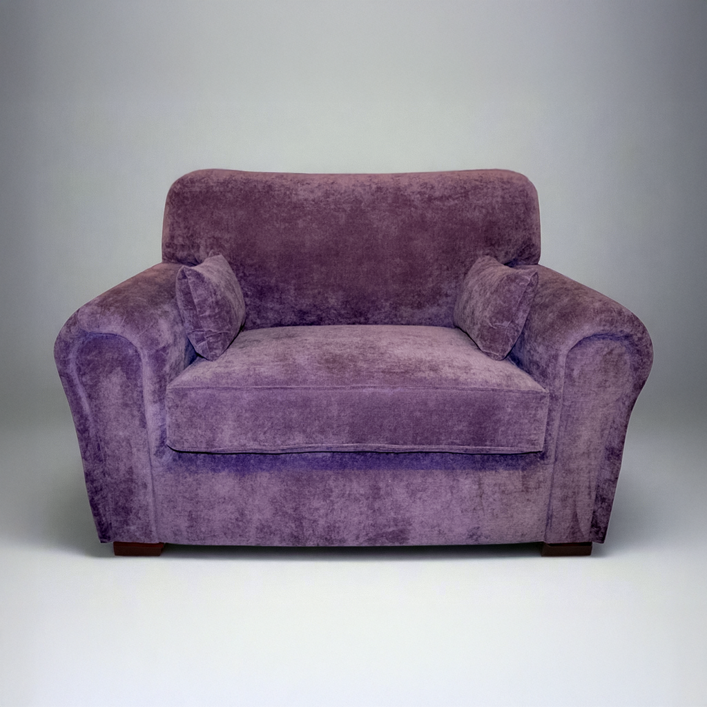 UK Made Cuddle Chair Upholstered In Casino  Plum Velvet Fabric