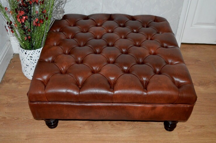 Square Chesterfield Style Deep Buttoned Footstool in Premium Chestnut Faux Leather With Turned Hardwood Legs
