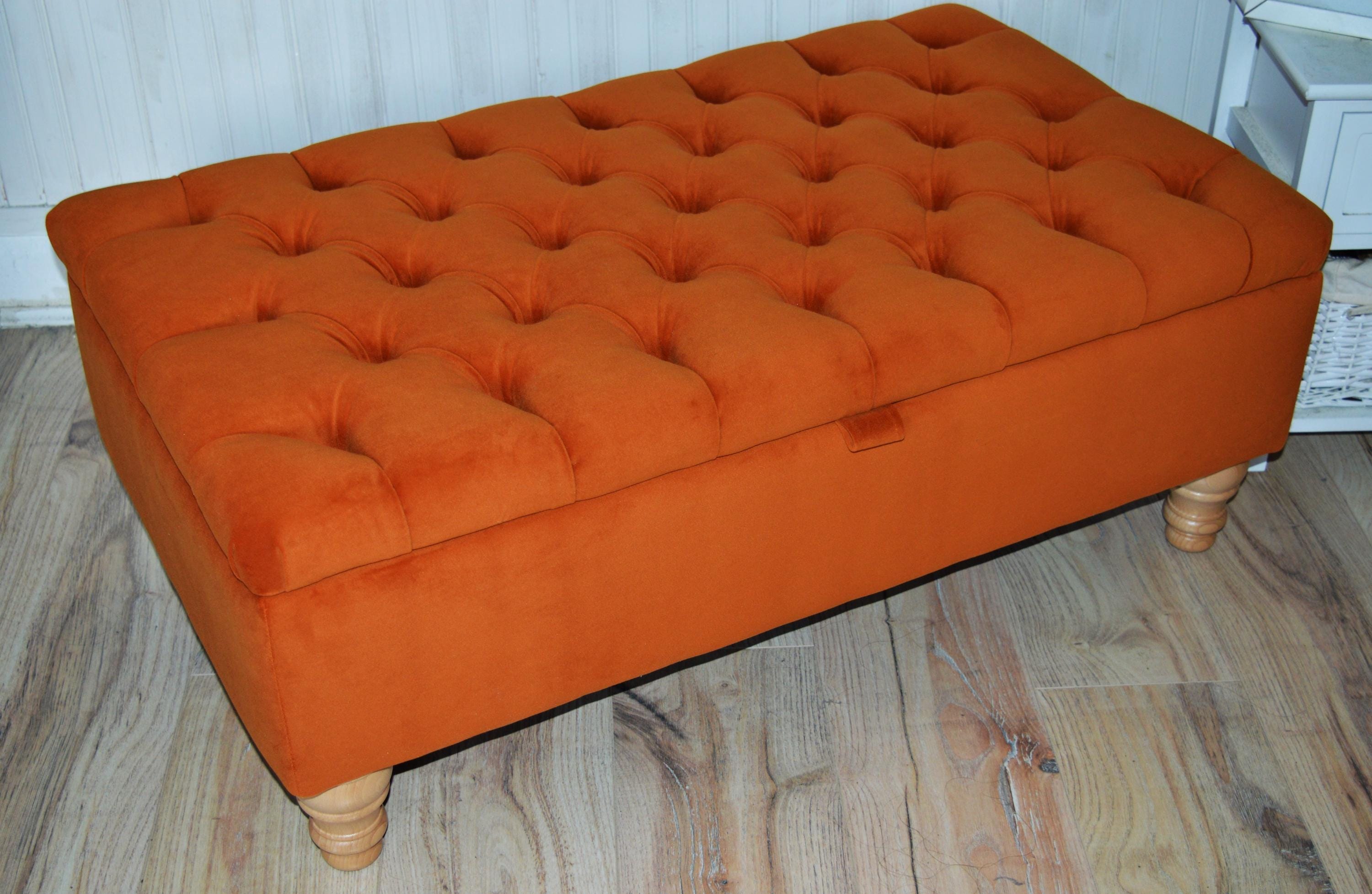 Chesterfield Deep Buttoned Footstool With Storage in Premium Eco Burnt Velvet Fabric With Oak Legs.