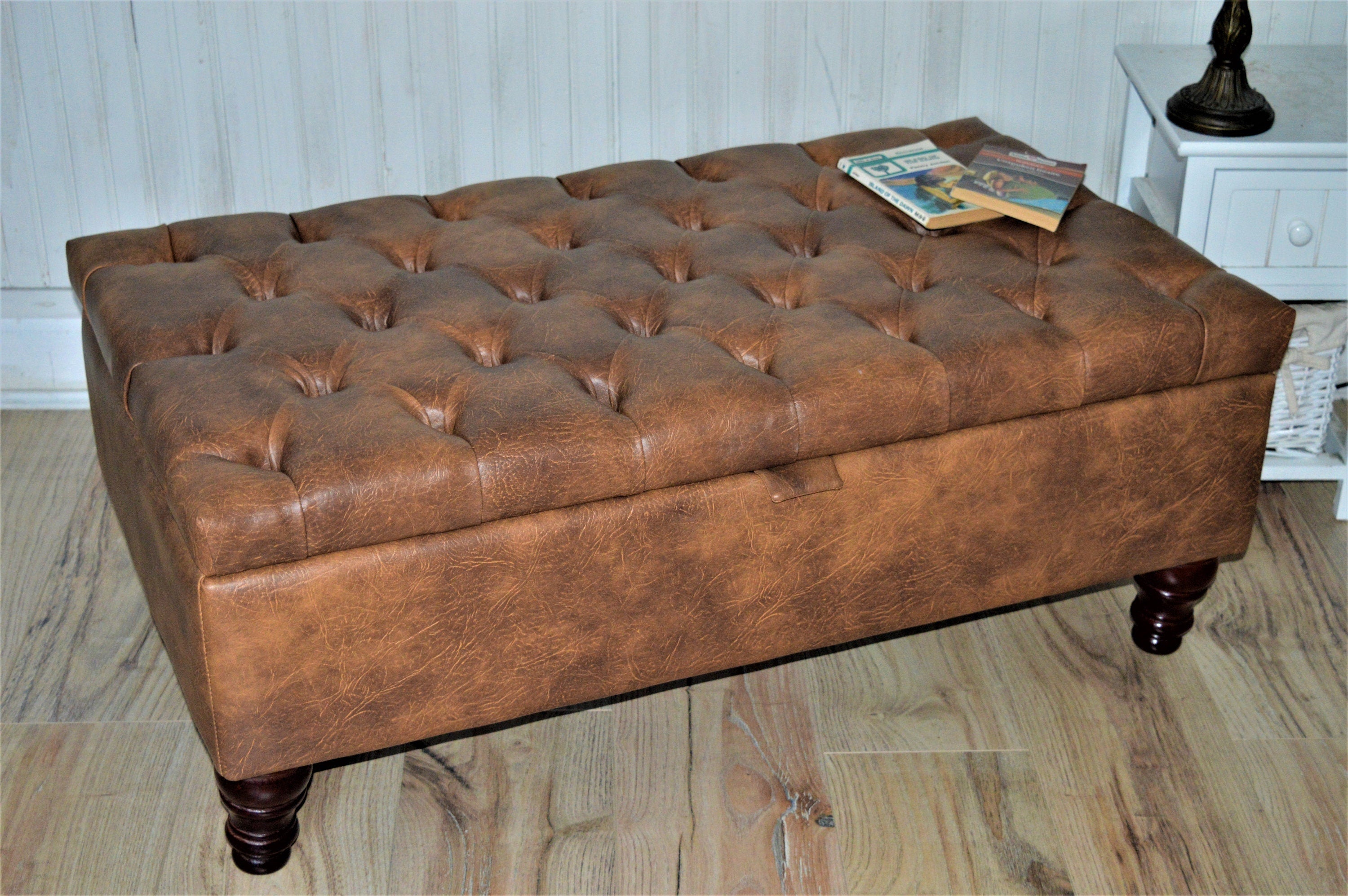 Handmade Premium Faux Leather Tan Chesterfield Footstool – Ottoman/Coffee Table/Footrest with Storage - Easy Clean