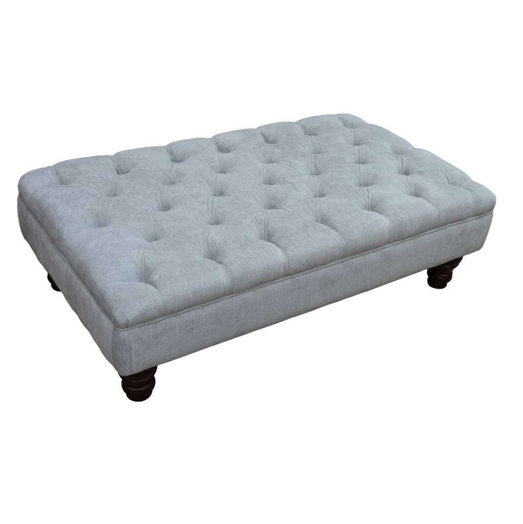 Chesterfield Deep Buttoned Footstool in Casino Crush Silver With Turned Wood Legs