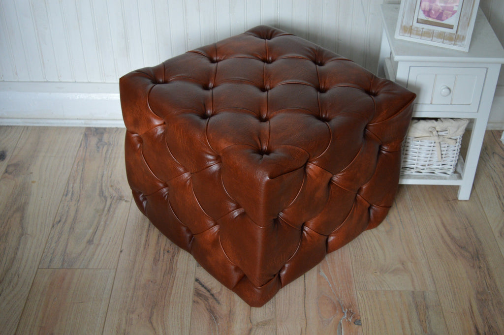 Deep Buttoned All Over Cube Footstool Upholstered In a Premium Chestnut Faux Leather